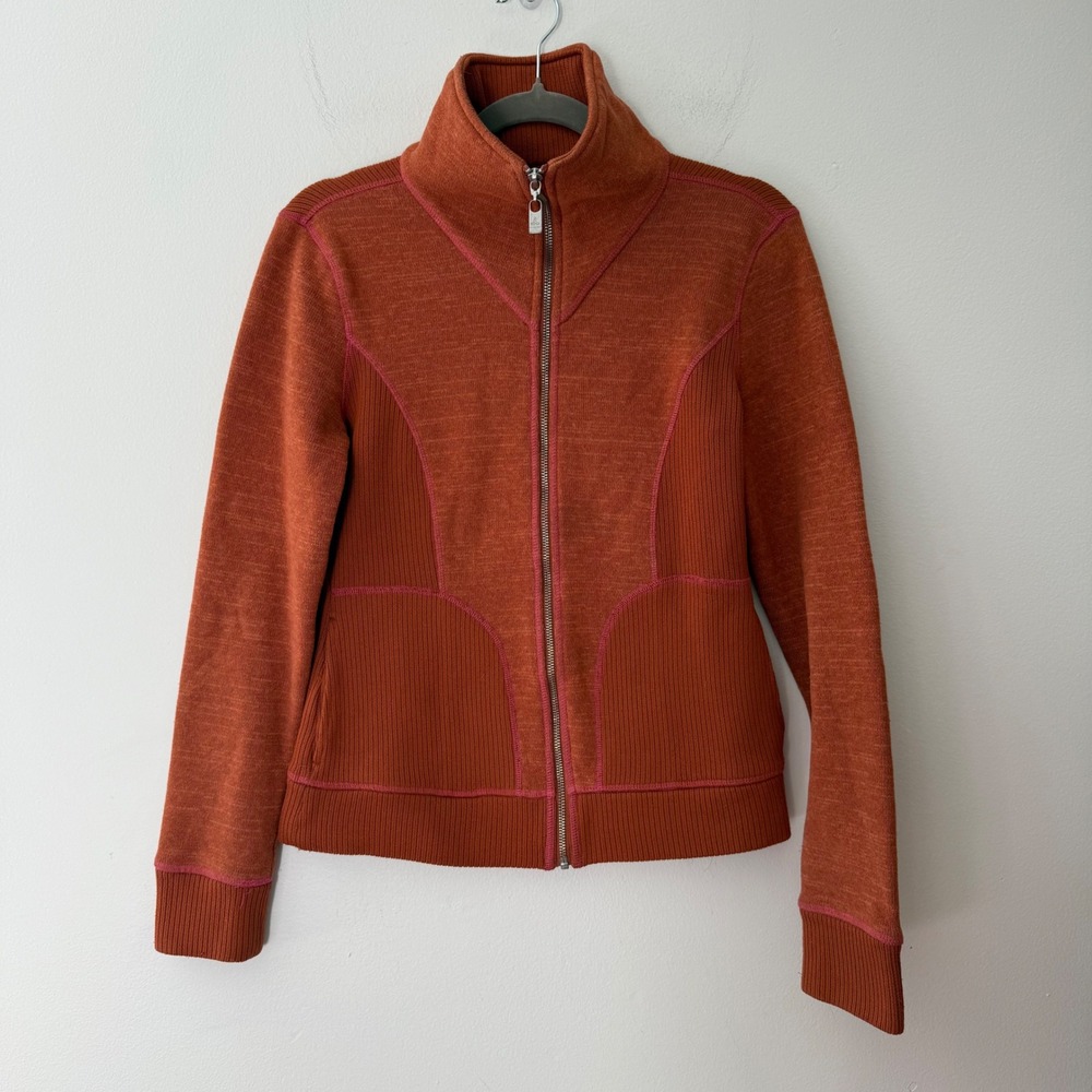 Prana Breathe Full Zip Jacket Burnt Orange Ribbed Knit Stand Collar Medium